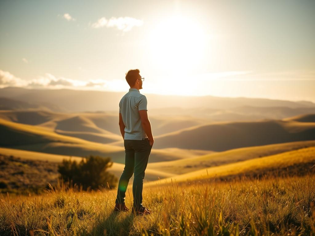 Mentaltraining Zuhause 2 A serene, sunlit meadow with rolling hills in the distance. In the foreground, a person stands tall and confident, their gaze facing the horizon. Their posture radiates an inner strength and self-assurance, conveying the journey of personal growth and the attainment of self-belief. The scene is bathed in a warm, golden light, creating a sense of tranquility and self-reflection. Wispy clouds drift overhead, symbolizing the clarity of mind achieved through mental training and development. The overall composition evokes a sense of personal empowerment, growth, and the realization of one's full potential.