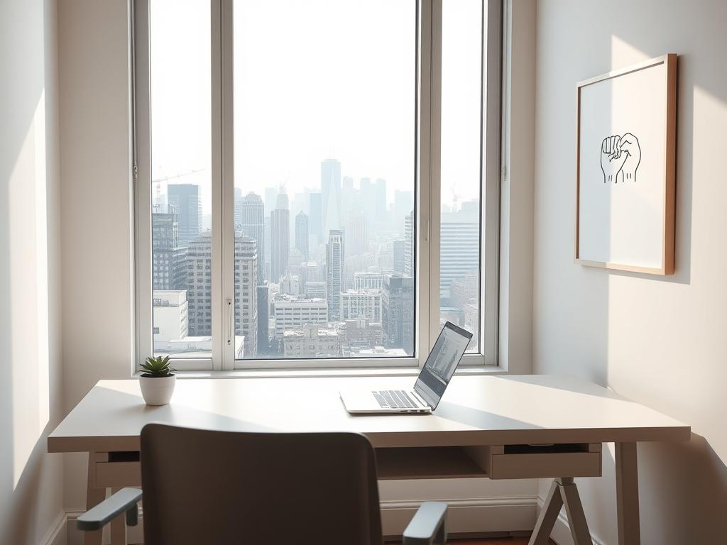 Erfolgreich ein Positives Geldmindset aufbauen 4 A serene, sunlit office space with a minimalist, Scandinavian-inspired aesthetic. In the foreground, a desk with a laptop, a potted plant, and a small succulent. Behind it, a large window overlooking a bustling city skyline, with skyscrapers and cranes in the distance. Soft, natural lighting illuminates the room, creating a warm and calming atmosphere. On the wall, a simple, framed artwork depicting two interlocked hands, symbolizing the power of networking and collaboration. The overall mood is one of focus, serenity, and a sense of financial freedom within reach.