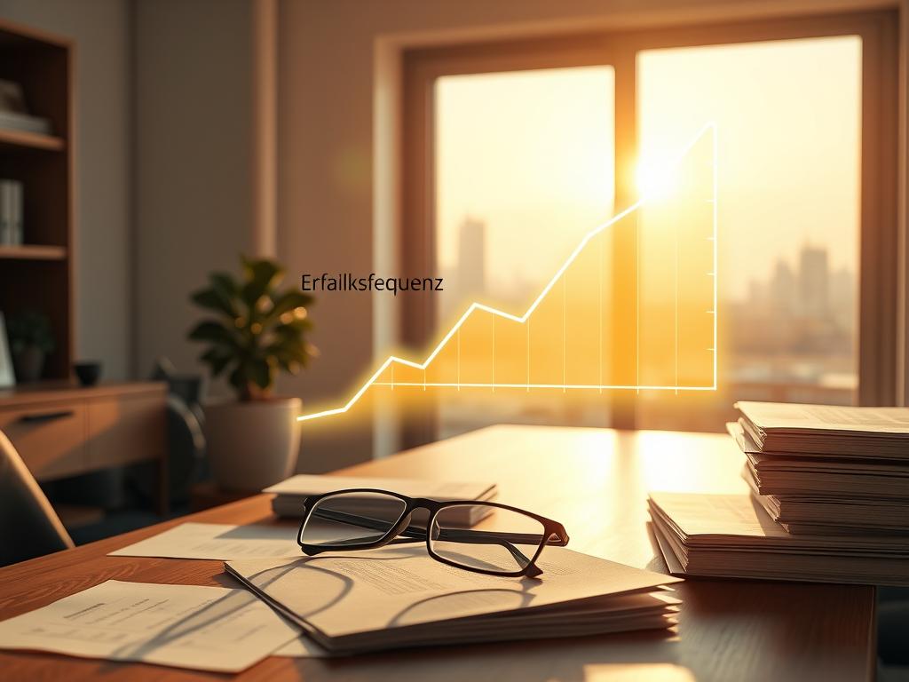 Erfolgsfrequenz erhöhen: Der Schlüssel zu Ihrem Erfolg 1 A serene, sunlit office workspace with a wooden desk, a potted plant, and a pair of eyeglasses resting on stacks of papers. In the foreground, a glowing graph chart hovers above the desk, representing the "Erfolgsfrequenz" or success frequency. The background features a large window overlooking a tranquil cityscape, creating a sense of balance and focus. The lighting is warm and natural, accentuating the sense of productivity and achievement. The overall mood is one of clarity, progress, and an elevated sense of purpose.