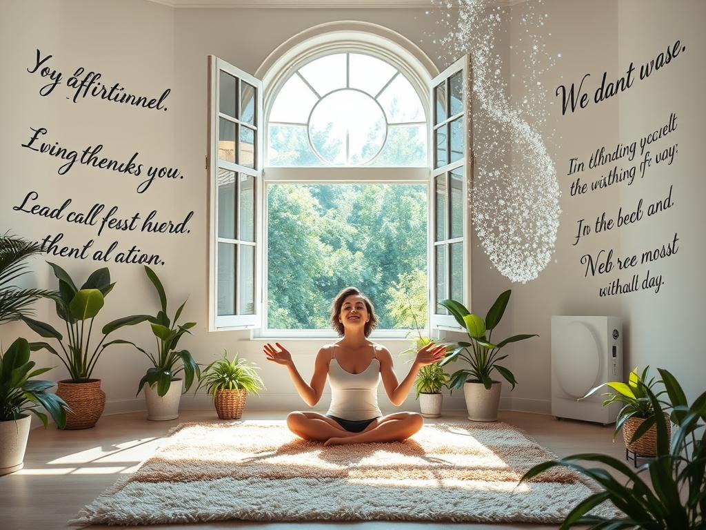 Fülle durch Glaubenssätze 4 A serene, sunlit room with an open window, affirmations written in flowing calligraphy on the walls and floating in the air as shimmering manifestations. In the center, a person sits cross-legged on a plush rug, eyes closed, hands in a meditative pose, radiating an aura of inner peace and positive energy. The room is filled with lush, verdant plants and natural light, creating a tranquil, nurturing atmosphere. The overall scene reflects the power of positive belief and the transformative potential of conscious manifestation.