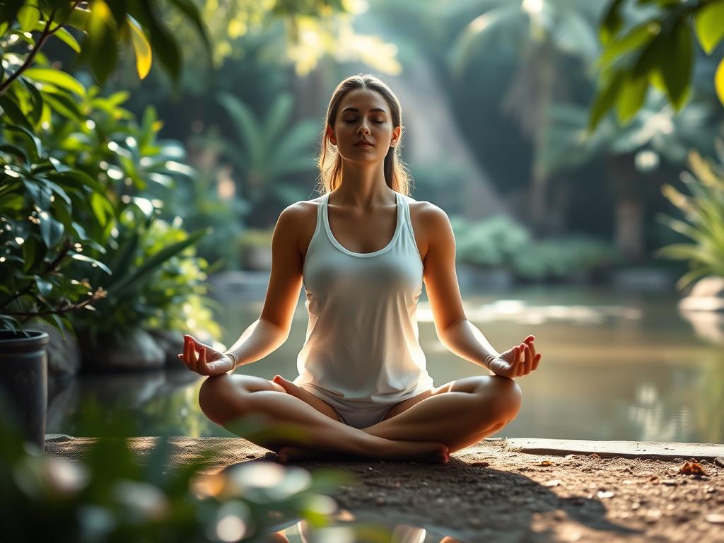 A serene, tranquil garden setting with a person deep in meditative focus, their body and mind seamlessly united. Soft, diffused natural lighting filters through lush foliage, casting a calming glow. The figure sits cross-legged, eyes closed, exuding a sense of inner peace and balance. In the background, a serene pond reflects the scene, its still waters mirroring the harmony between the physical and the mental. The overall atmosphere evokes a profound connection between the corporeal and the spiritual aspects of human experience.