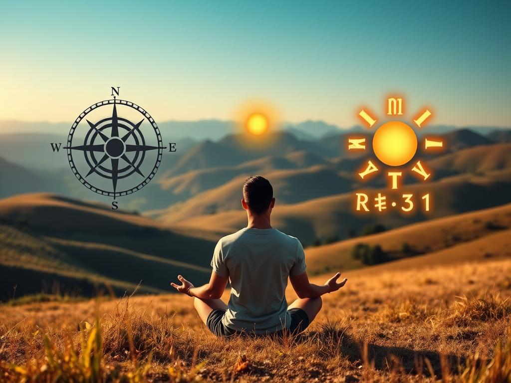 A serene, tranquil landscape with rolling hills and a clear blue sky. In the foreground, a person sits in a meditative pose, their eyes closed as they focus inward. Surrounding them are symbolic representations of the three elements mentioned - a goal-setting compass, a glowing sun to represent positive thinking, and a set of glowing runes to signify the transformation of beliefs. The scene is bathed in a warm, golden light, conveying a sense of inner peace and enlightenment. The overall atmosphere is one of contemplation, growth, and the unlocking of the mind's potential to create wealth and abundance.