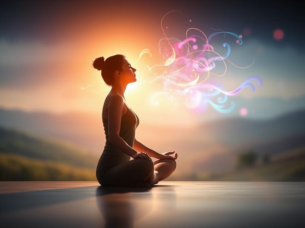 Stärke Dein Leben mit Affirmationen und Emotionen 3 A serene, tranquil scene depicting the connection between affirmations and emotions. In the foreground, a person sits in a lotus position, eyes closed, surrounded by a warm, glowing aura. In the middle ground, delicate tendrils of energy emanate from the figure, intertwining with vibrant, emotive colors that swirl and dance. The background features a softly blurred, ethereal landscape, hinting at the deeper spiritual realm where affirmations and emotions converge. Dramatic lighting casts dramatic shadows, creating a sense of depth and mystery. The overall mood is one of introspection, harmony, and the power of the mind-body-spirit connection.