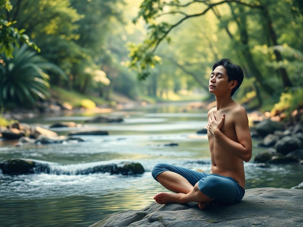 Befreie Dich: Mentale Blockaden auflösen leicht gemacht 1 A serene, tranquil scene depicting the process of overcoming mental blockades. In the foreground, a person sits cross-legged, eyes closed, hand on their chest, exuding a sense of inner peace and focus. The middle ground features a gently flowing stream, its calming waters symbolizing the release of mental tensions. In the background, a lush, verdant forest canopy filters soft, natural light, creating a warm, soothing atmosphere. The overall composition conveys a sense of healing, clarity, and the liberating experience of breaking through mental barriers. Soft, diffused lighting, a shallow depth of field, and a painterly, impressionistic style enhance the meditative, introspective mood.