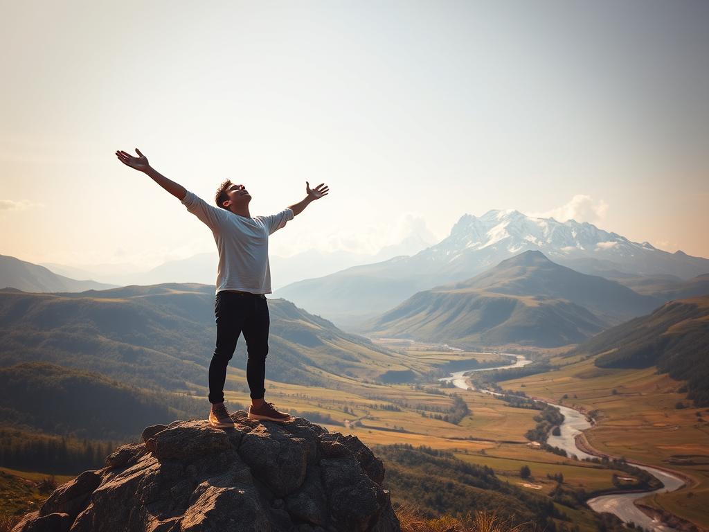 A serene, tranquil scene of a person overcoming their fears and anxieties. In the foreground, a person stands on a rocky outcrop, arms outstretched, face turned upwards towards the sky, a look of determination and inner peace on their countenance. The middle ground is a lush, verdant landscape with rolling hills and a winding stream, symbolizing the journey of self-discovery. In the background, majestic snow-capped mountains rise up, their peaks piercing the clouds, representing the challenges and obstacles that have been surmounted. The lighting is warm and golden, creating a sense of hope and optimism. The overall composition conveys a sense of triumph, inner strength, and the liberation from one's own fears and doubts.