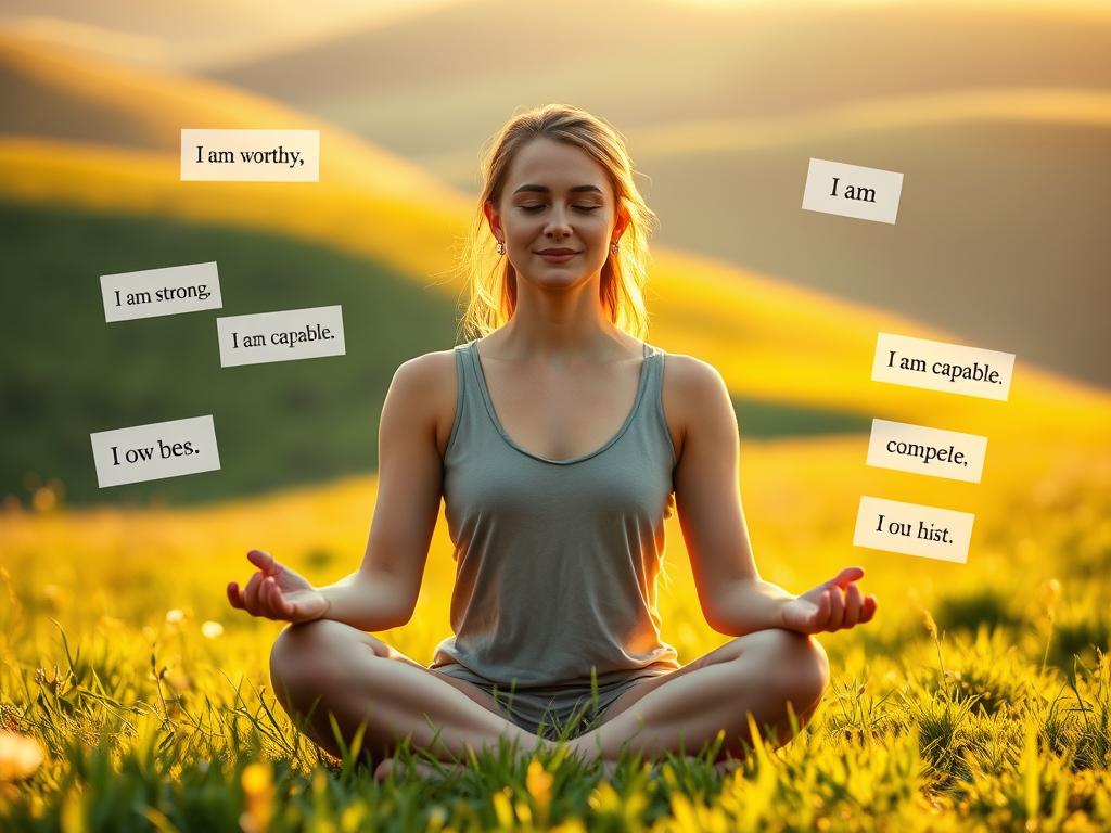 Erfolgreich Abnehmen: Deine Abnehm Affirmationen 1 A serene, tranquil scene of a person sitting in a cross-legged meditation pose, bathed in warm, golden light. The background is a lush, verdant meadow, with soft, rolling hills in the distance. The person's face is serene, with a gentle smile, radiating a sense of inner peace and contentment. Surrounding the person are delicate, floating affirmation cards, each carrying positive, empowering messages, such as "I am worthy," "I am strong," and "I am capable." The overall atmosphere is one of calm, introspection, and the transformative power of positive self-belief.