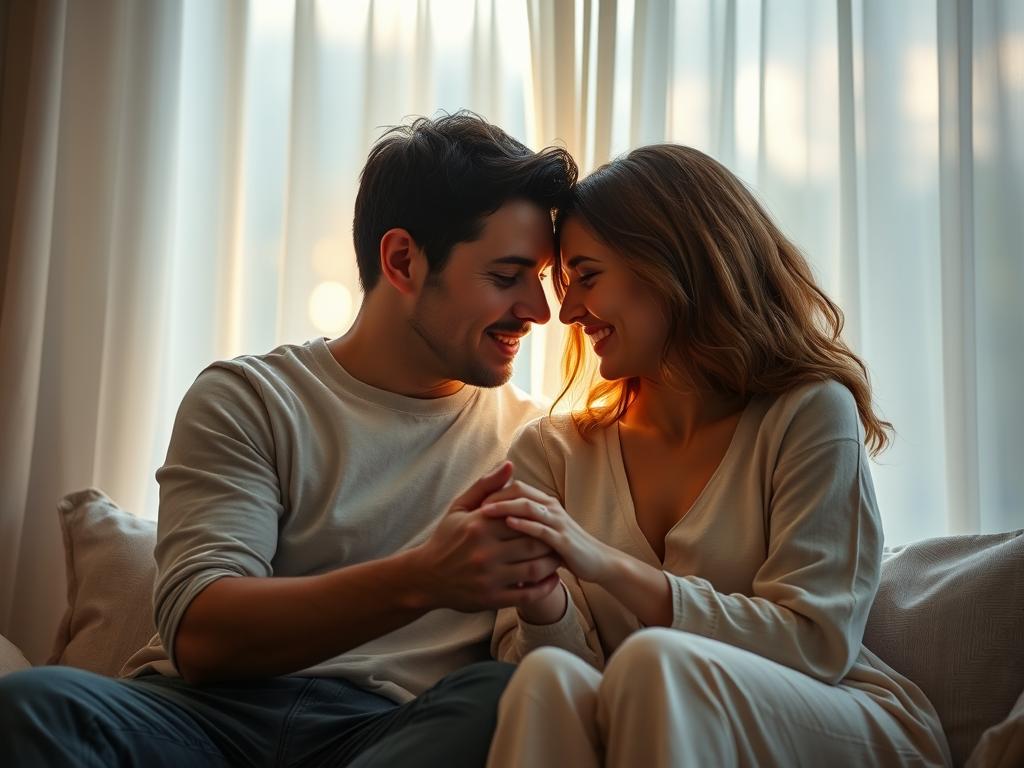 Tiefe Beziehungstipps, die Dein Liebesleben bereichern 2 A serene, warm-lit scene of a loving couple engaged in deep, soulful conversation. They sit close together, their bodies angled towards each other, hands clasped tenderly. Soft, natural lighting filters through sheer curtains, casting a gentle glow on their faces, highlighting the intimacy and trust between them. The background is blurred, focused solely on the pair, emphasizing the importance of open, attentive communication in nourishing a fulfilling relationship. An atmosphere of emotional connection and mutual understanding pervades the image, underscoring the power of heartfelt dialogue to deepen bonds and enrich lives.