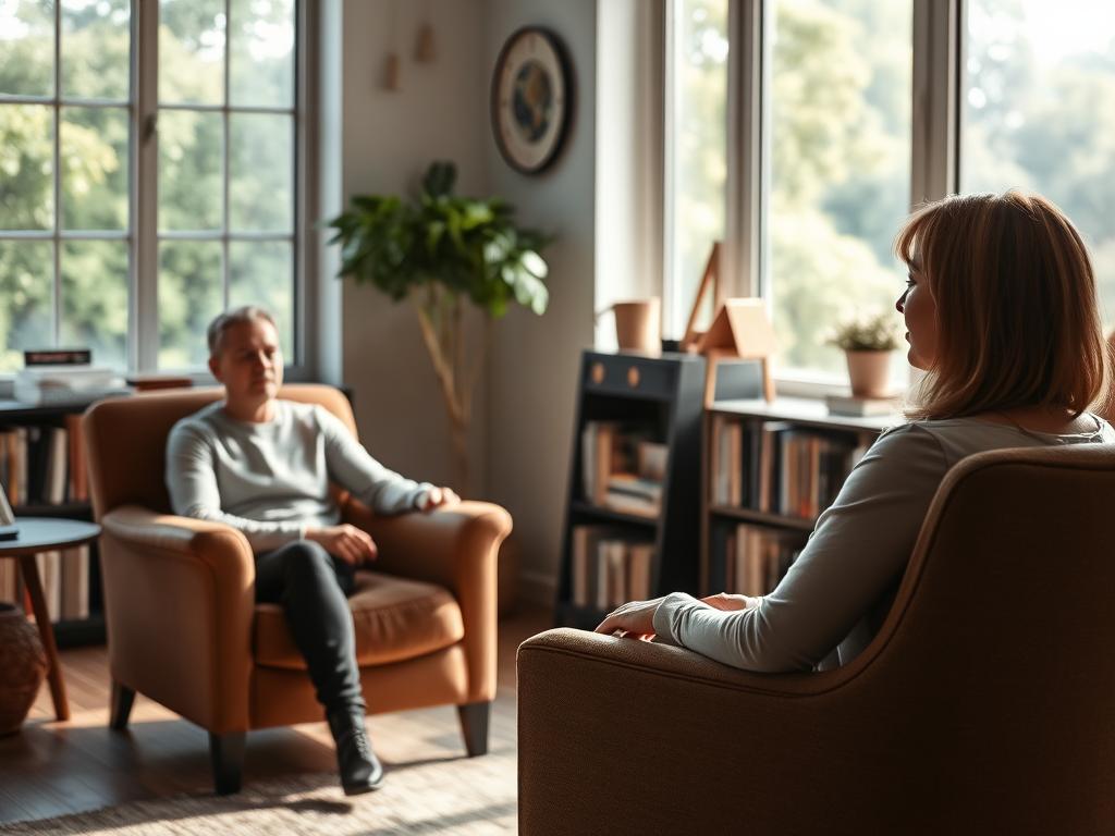 A serene, well-lit indoor office setting, with a large window overlooking a lush, verdant landscape. In the foreground, a person sits comfortably in a plush armchair, engaged in a one-on-one conversation with a Hypnosis Coach. The coach's expression is calm and attentive, conveying a sense of trust and guidance. Soft, natural lighting filters through the window, creating a warm, introspective atmosphere. In the background, bookshelves and thoughtful decor suggest a space dedicated to personal growth and self-discovery. The overall scene evokes a tranquil, supportive environment where Hypnosis Coaching can be effectively applied.