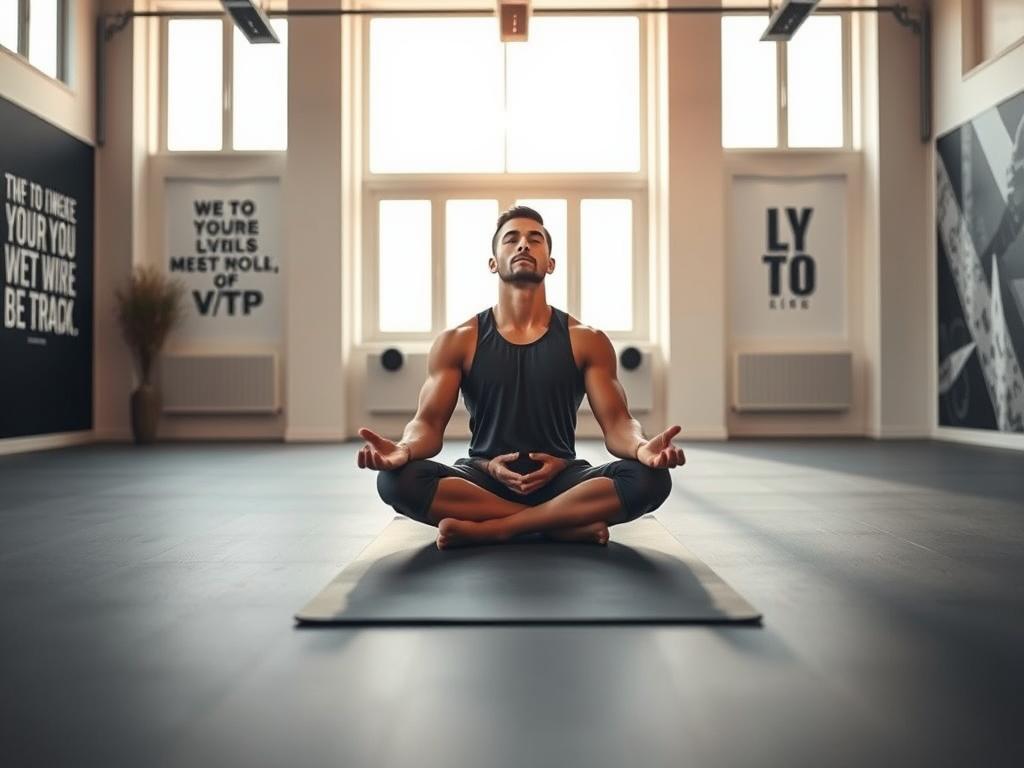 A serene, well-lit indoor setting featuring a professional athlete engaged in focused mental training. The foreground shows the athlete sitting cross-legged on a yoga mat, eyes closed, hands resting on their lap in a meditative pose. The middle ground features a minimalist, clean-lined training studio with large windows allowing natural light to stream in, creating a peaceful, contemplative atmosphere. The background showcases motivational imagery such as inspirational quotes or sports-related visualizations displayed on the walls, reinforcing the theme of mental preparation for athletic performance.