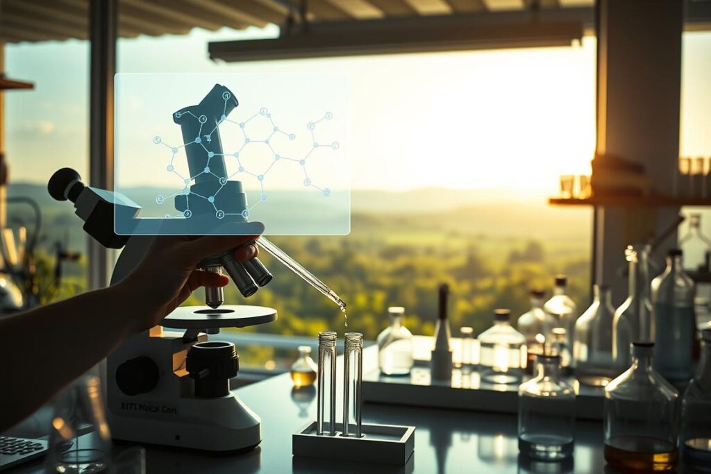 A serene, well-lit laboratory interior, with a centrally positioned microscope and a collection of scientific glassware and equipment. In the foreground, a hand carefully pipettes a sample into a test tube, while behind it, a holographic display projects a detailed molecular diagram, the soft glow illuminating the scene. In the background, a large window offers a panoramic view of a lush, verdant landscape, the sunlight streaming in and creating a warm, inviting atmosphere. The overall mood is one of focused scientific inquiry, balanced by a sense of tranquility and connection to the natural world. A serene, well-lit laboratory interior, with a centrally positioned microscope and a collection of scientific glassware and equipment. In the foreground, a hand carefully pipettes a sample into a test tube, while behind it, a holographic display projects a detailed molecular diagram, the soft glow illuminating the scene. In the background, a large window offers a panoramic view of a lush, verdant landscape, the sunlight streaming in and creating a warm, inviting atmosphere. The overall mood is one of focused scientific inquiry, balanced by a sense of tranquility and connection to the natural world.