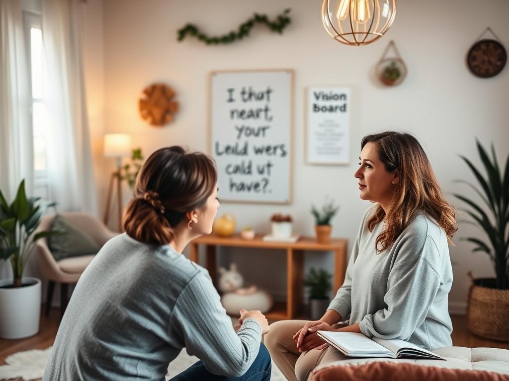 Entfalte Dein Potenzial: Limitierende Glaubenssätze ersetzen 4 A serene, well-lit therapy room with a cozy, warm atmosphere. In the foreground, a therapist and a client engaged in deep, thoughtful discussion, their body language conveying a sense of trust and understanding. The middle ground features motivational affirmations and tools for self-reflection, such as a vision board and a journal. The background showcases a calming, minimalist decor with natural elements like plants and soft, muted colors, creating a peaceful and introspective setting. The overall scene conveys a sense of guidance, personal growth, and the transformative power of coaching and therapy.