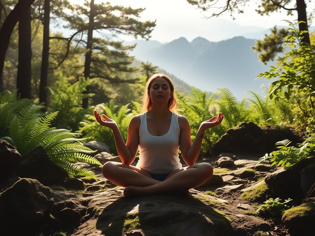 Entdecke Heilung: Geführte Meditation Selbstheilung 2 A serene woodland glade, sun-dappled and tranquil. In the foreground, a person sits cross-legged, eyes closed, palms upturned in a meditative pose. Wisps of mist curl around them, lending an ethereal atmosphere. The middle ground features lush ferns and moss-covered rocks, creating a natural, nurturing environment. In the background, distant mountains rise, their peaks shrouded in soft, hazy light, suggesting a sense of expansiveness and inner calm. The overall scene evokes a deep sense of relaxation, introspection, and the healing power of self-guided meditation.