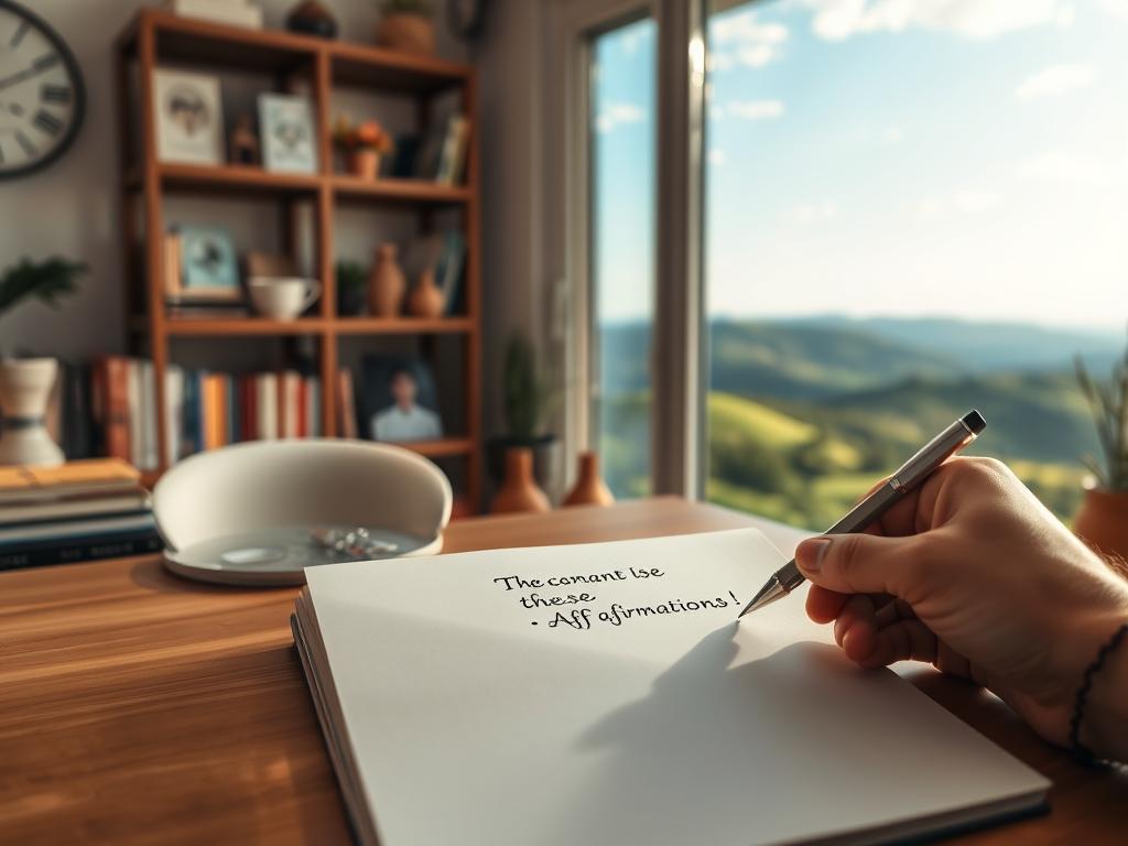 Nutze Erfolgsaffirmationen für Deinen Durchbruch 3 A serene workspace with a desk, pen, and notebook. In the foreground, a hand is writing affirmations on the page. The middle ground features a calming landscape with rolling hills, lush greenery, and a clear sky. Soft, warm lighting from a nearby window illuminates the scene, creating a tranquil, meditative atmosphere. The background showcases shelves filled with self-help books and inspiring decor, reflecting the journey of personal growth. The composition emphasizes the act of creating affirmations, inviting the viewer to engage in this empowering practice.
