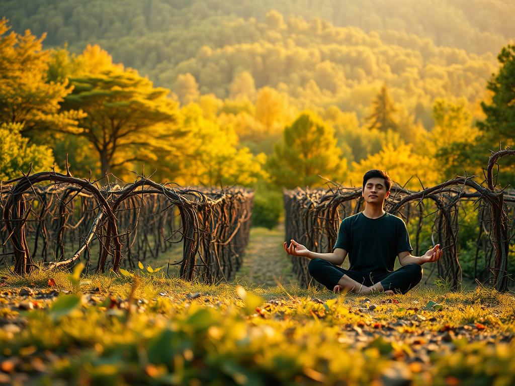 Entfalte Deinen Inneren Reichtum – Erfolgsgeheimnis 3 A serene yet contemplative landscape, where the foreground depicts a person sitting cross-legged in deep meditation, their eyes closed and expression radiating a sense of inner peace. In the middle ground, a maze of thorns and brambles represents the obstacles and challenges that must be overcome to access one's inner wealth. The background showcases a lush, verdant forest bathed in warm, golden light, symbolizing the abundant inner resources and potential waiting to be unlocked. The overall scene conveys a sense of tranquility, perseverance, and the transformative power of introspection. Crisp, high-definition details, a wide-angle lens, and a soft, dreamlike atmosphere enhance the visuals.