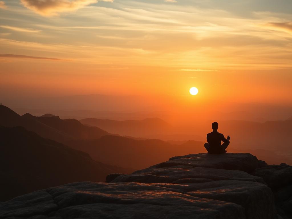 Entfalte Dein Potenzial: Limitierende Glaubenssätze ersetzen 1 A serene yet introspective landscape, with a lone figure sitting cross-legged on a rocky outcrop, deep in contemplation. The setting sun casts a warm, golden glow over the rolling hills and distant mountains, creating a sense of tranquility and introspection. Diffused light filters through wispy clouds, casting soft shadows that accentuate the textures of the weathered rock formations. The figure's pose and posture suggest a state of deep focus, as if exploring the origins of the limiting beliefs that constrain their potential. A sense of quiet revelation permeates the scene, inviting the viewer to join in the contemplation of the self-imposed boundaries that shape our lives.