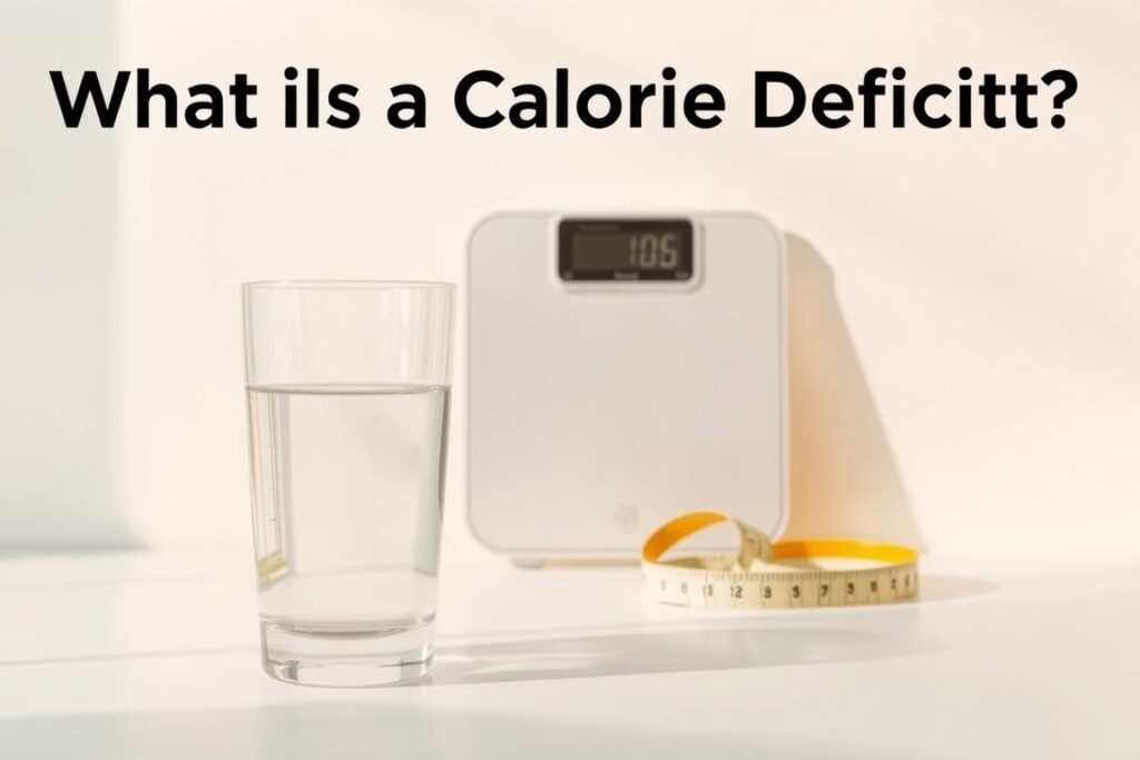 A simplistic yet informative illustration of "What is a Calorie Deficit?". A serene, minimalist composition with a soft, muted color palette. In the foreground, a clear glass filled with water, representing the concept of calorie intake. In the middle ground, a digital food scale and a measuring tape, symbolizing the balance between calorie consumption and expenditure. The background features a simple gradient, lending a sense of calm and focus to the scene. Lighting is natural and diffused, creating a warm, contemplative atmosphere. The overall aesthetic is clean, elegant, and designed to effectively communicate the core idea of a calorie deficit to the viewer. A simplistic yet informative illustration of "What is a Calorie Deficit?". A serene, minimalist composition with a soft, muted color palette. In the foreground, a clear glass filled with water, representing the concept of calorie intake. In the middle ground, a digital food scale and a measuring tape, symbolizing the balance between calorie consumption and expenditure. The background features a simple gradient, lending a sense of calm and focus to the scene. Lighting is natural and diffused, creating a warm, contemplative atmosphere. The overall aesthetic is clean, elegant, and designed to effectively communicate the core idea of a calorie deficit to the viewer.