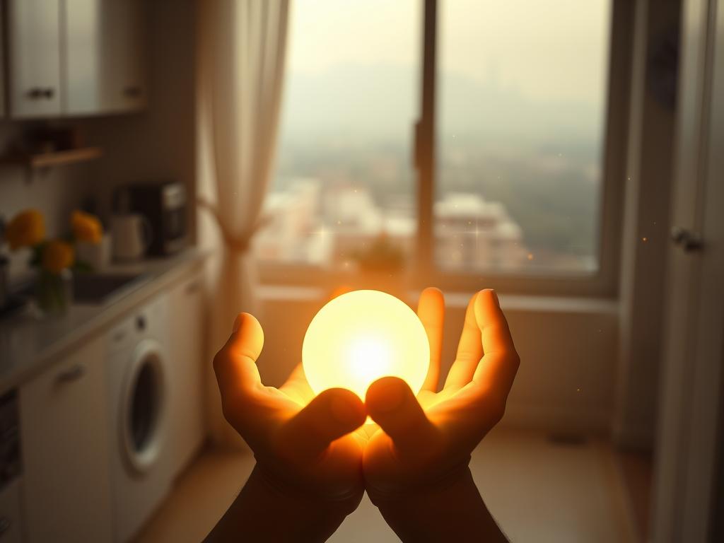 Glaube und Manifestation: Erschaffe Dein Schicksal 2 A soft, ethereal scene of everyday life transformed by the power of manifestation. In the foreground, a person's hands gently cupping a glowing orb of energy, radiating a sense of focus and intention. The middle ground reveals a mundane domestic setting - a kitchen counter, a vase of flowers, a window overlooking an urban landscape. But the environment is suffused with a warm, golden light, as if imbued with the person's concentrated visualization. In the background, the cityscape fades into a hazy, dreamlike atmosphere, suggesting the boundless potential of the manifested reality. Subtle particles of light dance through the air, creating a sense of magic and transcendence in the ordinary. Intimate, meditative, and inspiring.