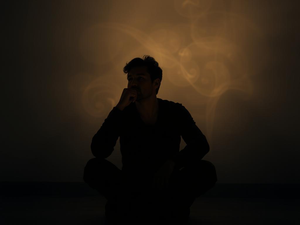 Selbstgespräche bewusst steuern – Entfalte Dein Potential 3 A solitary figure sits in a dimly lit room, deep in thought. Soft, ambient lighting casts a warm glow, highlighting the introspective expression on their face. The background is a hazy, abstract representation of the inner psyche, with swirling shapes and muted colors that symbolize the process of self-reflection. The composition is balanced, with the figure positioned centrally, encouraging the viewer to engage with the contemplative mood. The scene conveys a sense of tranquility and personal growth, inviting the observer to consider their own mental processes and how they can be consciously directed.