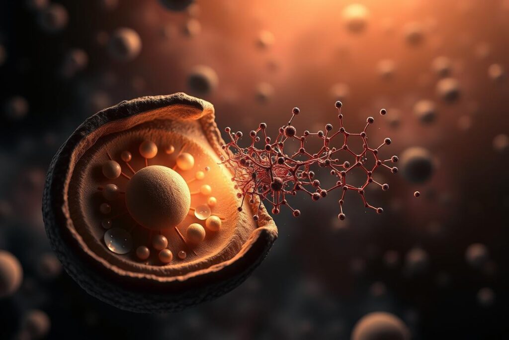 A striking illustration of the biological process of autophagy, showcasing the intricate cellular mechanisms at work. In the foreground, a detailed cross-section of a cell, rendered in high-definition 3D. Delicate organelles and mitochondria emerge from the shadowy depths, illuminated by a soft, warm light emanating from the center. In the middle ground, a network of autophagy-related proteins and enzymes dance through the cellular landscape, their movements captured in a dynamic, almost choreographic composition. The background is a subtly blurred, ethereal field of cellular structures, hinting at the broader context of this essential biological phenomenon. The overall mood is one of scientific wonder and a deep appreciation for the elegance of cellular self-renewal. A striking illustration of the biological process of autophagy, showcasing the intricate cellular mechanisms at work. In the foreground, a detailed cross-section of a cell, rendered in high-definition 3D. Delicate organelles and mitochondria emerge from the shadowy depths, illuminated by a soft, warm light emanating from the center. In the middle ground, a network of autophagy-related proteins and enzymes dance through the cellular landscape, their movements captured in a dynamic, almost choreographic composition. The background is a subtly blurred, ethereal field of cellular structures, hinting at the broader context of this essential biological phenomenon. The overall mood is one of scientific wonder and a deep appreciation for the elegance of cellular self-renewal.