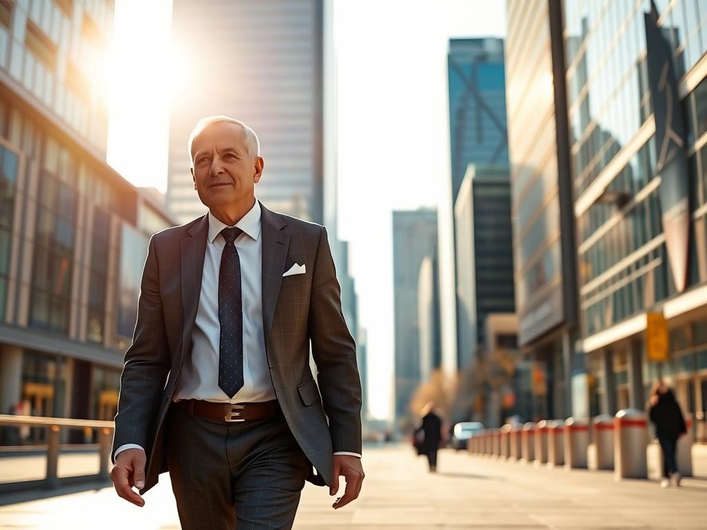 Wohlstand mit Affirmationen 3 A stylish, middle-aged person in a crisp, well-tailored suit is walking confidently down a bustling city street. The individual's posture is upright and their stride is purposeful, exuding an aura of prosperity and self-assurance. The background features a modern, glass-and-steel cityscape, with towering skyscrapers and a vibrant, sun-drenched atmosphere. Warm, golden lighting casts a subtle glow, creating a sense of optimism and abundance. The scene conveys the idea of "Wohlstand anziehen" - the ability to manifest wealth and success through positive mindset and self-affirmation.
