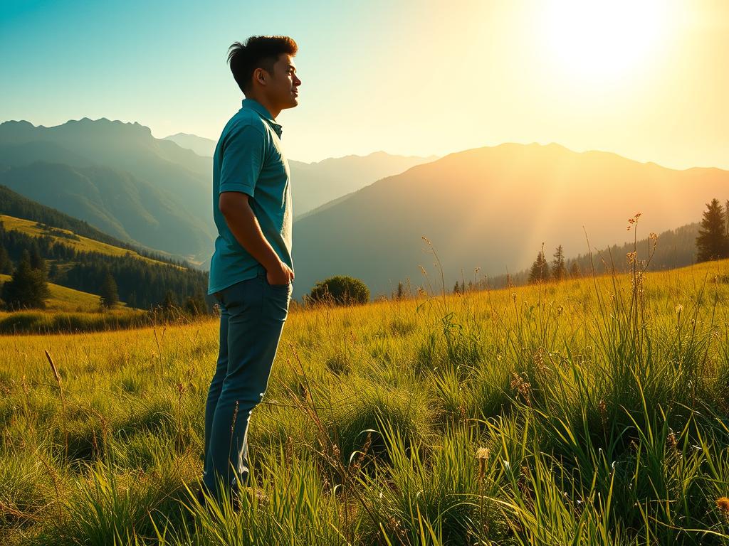 Positive Affirmationen am Morgen für einen guten Start 1 A sunlit morning landscape with a person standing tall, shoulders back, radiating an aura of mental strength and inner resolve. The foreground features the figure in a grounded, confident pose, their face serene and determined. The middle ground showcases a lush, verdant meadow, with swaying grasses and wildflowers. In the background, a range of majestic mountains rise up, their peaks bathed in warm, golden light. The overall scene conveys a sense of tranquility, empowerment, and the possibility of personal growth. Captured with a wide-angle lens, the image is imbued with a sense of expansiveness and possibility.