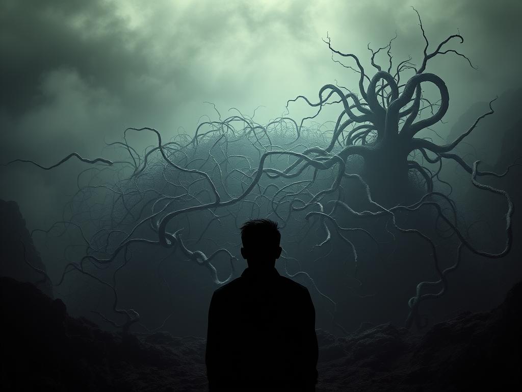 Gedankenmuster für Erfolg 3 A surreal and unsettling landscape, where negative thought patterns manifest as a twisted, tangled web of dark, shadowy forms. In the foreground, a shadowy figure emerges, their face obscured, representing the inner turmoil of negative thinking. The middle ground is filled with a dense, maze-like structure of interlocking, ebony tendrils, symbolizing the complexity and entanglement of negative thought patterns. The background is shrouded in a hazy, oppressive atmosphere, conveying a sense of unease and the overwhelming power of these harmful mental constructs. Dramatic, high-contrast lighting casts sharp shadows, emphasizing the depth and intricate details of this psychological landscape. The overall mood is one of discomfort, unease, and the need to confront and overcome these negative thought patterns.