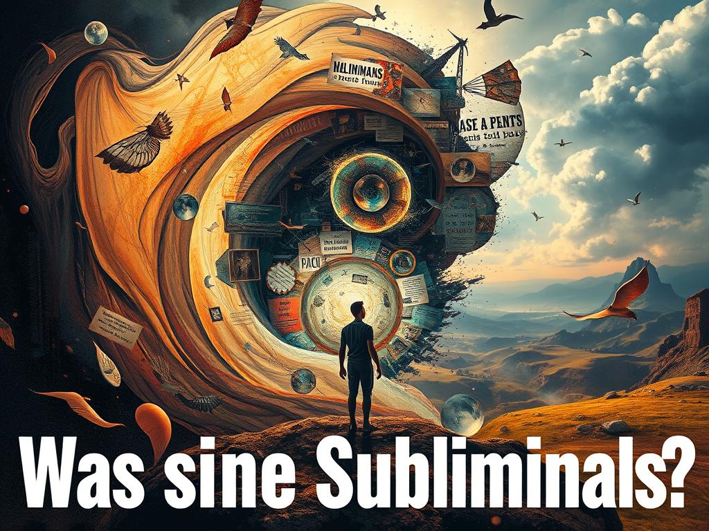 A surreal and visually captivating illustration depicting the concept of "Was sind Subliminals". In the foreground, a human figure emerges from a swirling vortex of abstract shapes and patterns, symbolizing the subconscious mind. The middle ground features a collage of fragmented images, hidden messages, and subtle visual cues, hinting at the hidden influence of subliminal stimuli. The background is a dreamlike landscape, bathed in a warm, atmospheric lighting that evokes a sense of introspection and self-discovery. The overall composition is balanced, with a strong focus on the central figure and a harmonious interplay of color, texture, and form.