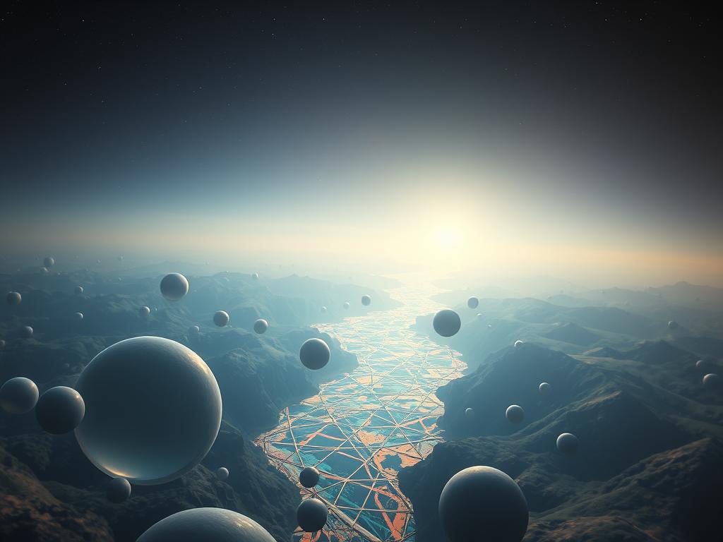 Entfesseln Sie die Kraft der inneren Bilder 1 A surreal, dreamlike landscape depicting the inner world of the human mind. In the foreground, a series of interconnected, translucent spheres represent the inner images and thoughts that shape our perception. Gently flowing through the middle ground, a river of vibrant colors and patterns symbolizes the ever-changing nature of these inner visions. In the distant background, a hazy, ethereal horizon suggests the boundless depth and mystery of the subconscious. Soft, diffused lighting casts a contemplative, introspective mood, while a slightly tilted, wide-angle lens creates a sense of immersion and exploration. Overall, the image conveys the profound significance and power of the inner images that guide our understanding of the world.