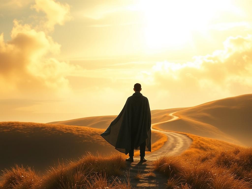 Glaubensmuster erkennen und ändern – Dein Weg 3 A surreal landscape, bathed in a warm, golden light filtering through wispy clouds. In the foreground, a figure stands, their silhouette shrouded in a cloak of changing patterns, symbolizing the transformation of deeply held beliefs. In the middle ground, a winding path leads through a dreamlike terrain, dotted with abstract, glowing shapes that represent the journey of self-discovery. The background is a vast, open sky, filled with soft, ethereal hues that evoke a sense of introspection and spiritual awakening. The overall composition conveys a transformative, meditative atmosphere, inviting the viewer to contemplate the process of changing one's deeply ingrained patterns.