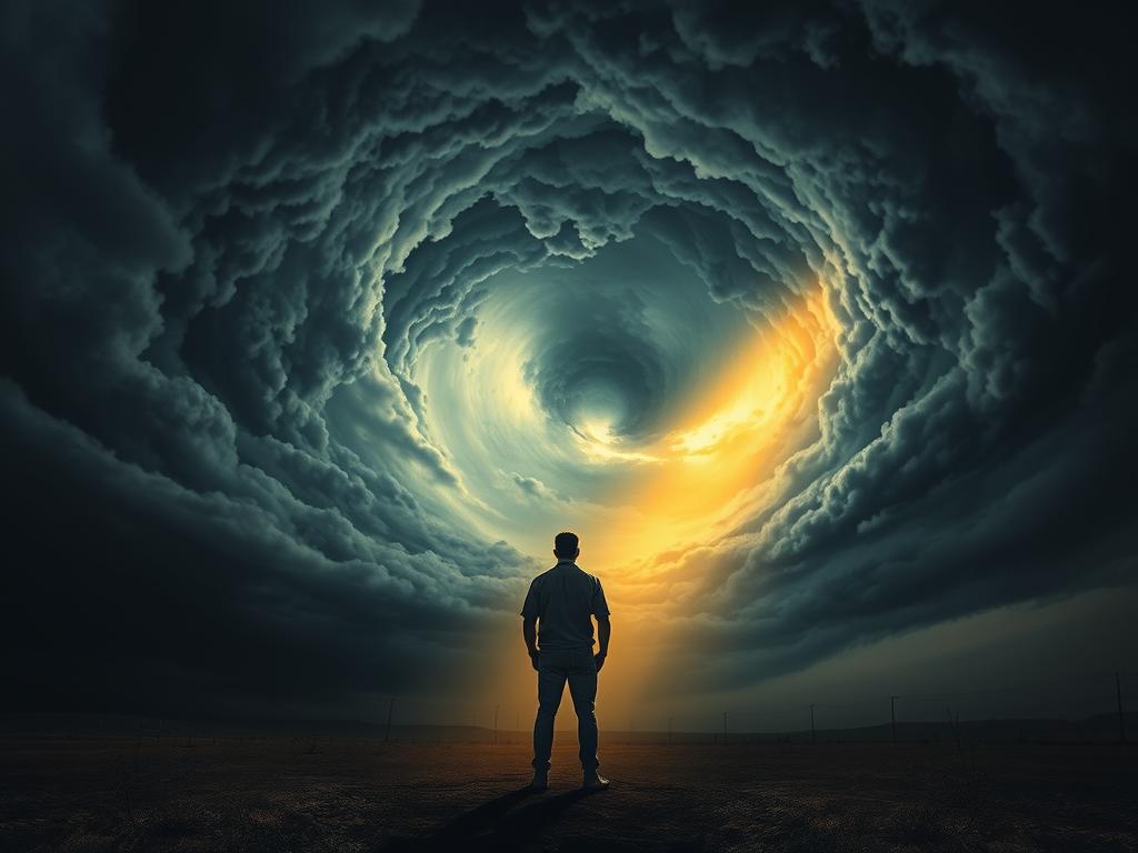 Erfolg durch innere Überzeugung: Ihr Weg zum Gipfel 2 A swirling vortex of dark, ominous clouds fills the frame, casting an oppressive shadow over a desolate landscape. In the foreground, a solitary figure stands resolute, their back turned, gazing into the ominous abyss. The figure is illuminated by a shaft of golden light, a symbol of their internal struggle to transform their negative mindset. The overall atmosphere is one of tension and unease, reflecting the theme of "Negative Überzeugungen transformieren." The image is captured through a wide-angle lens, emphasizing the vastness and weight of the negative beliefs, while the dramatic lighting and moody color palette evoke a sense of gravity and introspection.