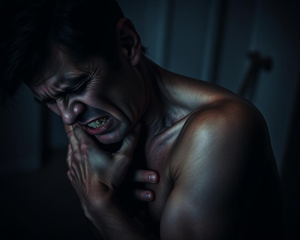 A tense, shadowy figure writhes in pain, shoulders hunched and contorted as they struggle to breathe. The foreground captures their anguished expression, a mix of discomfort and anguish etched across their features. The middle ground reveals the root of their distress - a dull ache radiating from the shoulder blades, visible through the taut, strained musculature. The background is blurred, emphasizing the subject's isolated struggle, the world around them fading into an indistinct, muted hue. Dramatic low-key lighting casts dramatic shadows, heightening the sense of discomfort and unease. The overall mood is one of intense physical and emotional distress, conveying the urgent need for professional intervention.