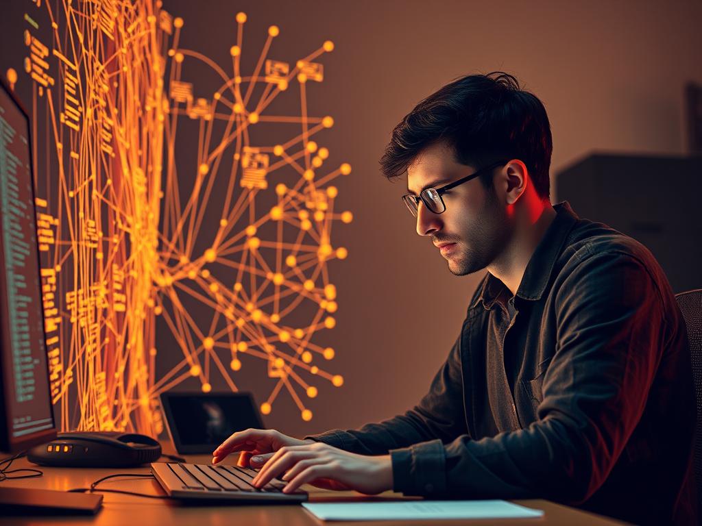 A thoughtful programmer sits at a desk, deep in contemplation. Warm lighting casts a pensive glow as they manipulate a complex visualization representing the inner workings of human emotions. Intricate algorithms and data flows weave together, forming a dynamic, interconnected system. The programmer's expression is one of focused concentration, a testament to the challenge of harnessing and channeling the subtleties of the emotional landscape. The scene evokes a sense of purposeful exploration, where the boundaries between technology and the human experience are blurred, signifying the deliberate, conscious programming of feelings.