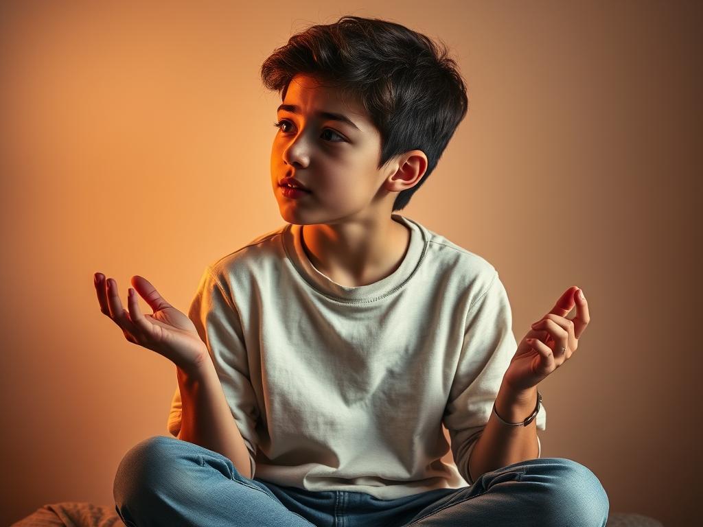 Lebe Authentisch: Gefühle bewusst ausdrücken 1 A thoughtful young person sitting cross-legged, expression open and vulnerable, hands gesturing as they explore their feelings. Warm, diffused lighting illuminates their face from the side, creating depth and introspective mood. The background is a soft, muted palette, possibly with a simple pattern or texture, to keep the focus on the central figure and their emotional exploration. The composition should feel intimate and personal, inviting the viewer to connect with the act of learning to express one's inner world.