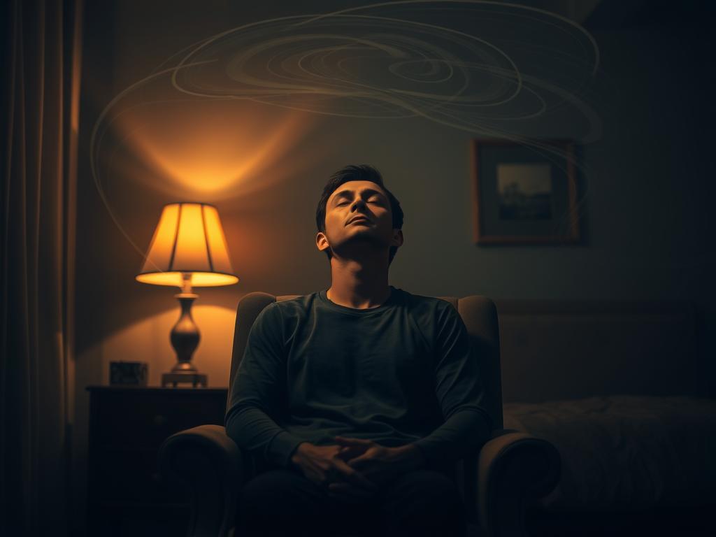 Hypnose zur Rauchentwöhnung: Starten Sie neu! 1 A tranquil, dimly lit room, bathed in the warm glow of a bedside lamp. In the center, a person sits in a comfortable chair, eyes closed, their expression serene and focused. Swirling patterns of hypnotic energy emanate from the air around them, creating a sense of deep relaxation and introspection. The background is hazy, with soft shadows and a sense of timelessness, allowing the viewer to fully immerse themselves in the experience of hypnosis. The overall mood is one of calm, introspection, and the power of the mind to overcome unhealthy habits, such as smoking.