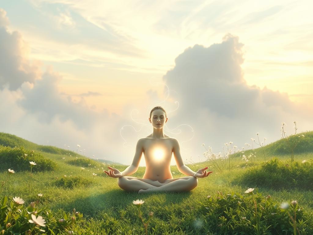 A tranquil, ethereal landscape where the boundaries between the physical and spiritual realms blur. In the foreground, a serene figure sits in a meditative pose, their body emanating a soft, glowing aura. Wispy, translucent tendrils of energy seem to flow from their center, connecting them to the lush, verdant environment that surrounds them. In the middle ground, delicate flowers and foliage sway gently, their petals and leaves shimmering with an otherworldly luminescence. The background features a dreamlike, abstract sky, with swirling clouds and subtle gradients of pastel hues that evoke a sense of transcendence. The overall scene conveys a profound sense of inner transformation and the deep, intrinsic link between the physical and spiritual aspects of the human experience.