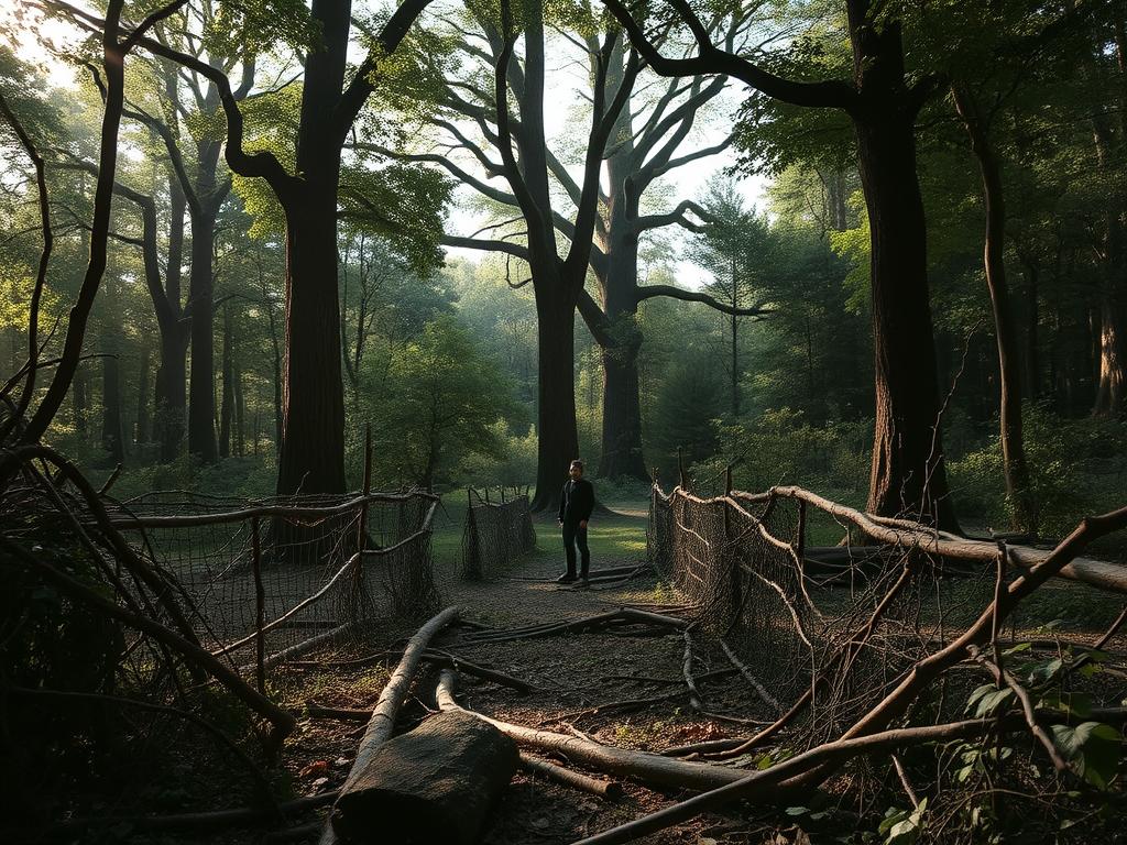 Entdecke Deine persönliche Transformation durch Glaube 3 A tranquil forest glade, sunlight filtering through the dense canopy, casting warm hues on the undergrowth. In the foreground, tangled vines and fallen branches create a maze of obstacles, symbolizing the personal hindrances that impede one's transformation. The middle ground features a solitary figure, standing amidst the challenges, their expression pensive as they contemplate the path forward. Towering trees in the background reach skyward, their branches grasping for the heavens, evoking the aspirations and spiritual journey of personal growth. Muted tones and a sense of contemplative serenity pervade the scene, inviting the viewer to reflect on the obstacles that must be overcome to achieve inner transformation.