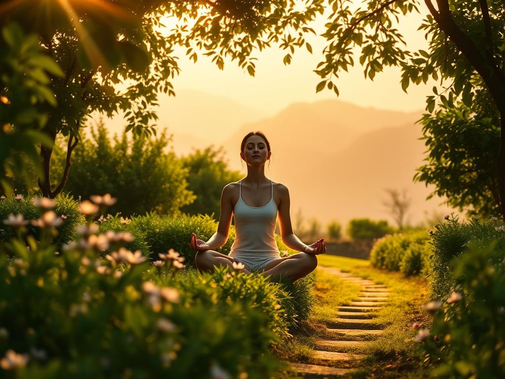 Herz öffnen lernen 2 A tranquil garden oasis, sunlight filtering through lush greenery. In the foreground, a serene figure sits cross-legged, eyes closed in deep meditation, radiating inner peace. Delicate flowers bloom around them, symbolizing self-love and mindfulness. In the middle ground, a path winds, inviting the viewer to join this journey of self-discovery. The background features a calming, hazy landscape, with mountains silhouetted against a warm, golden sky. The overall atmosphere is one of calm introspection, a sanctuary where one can open their heart and nourish their spirit.