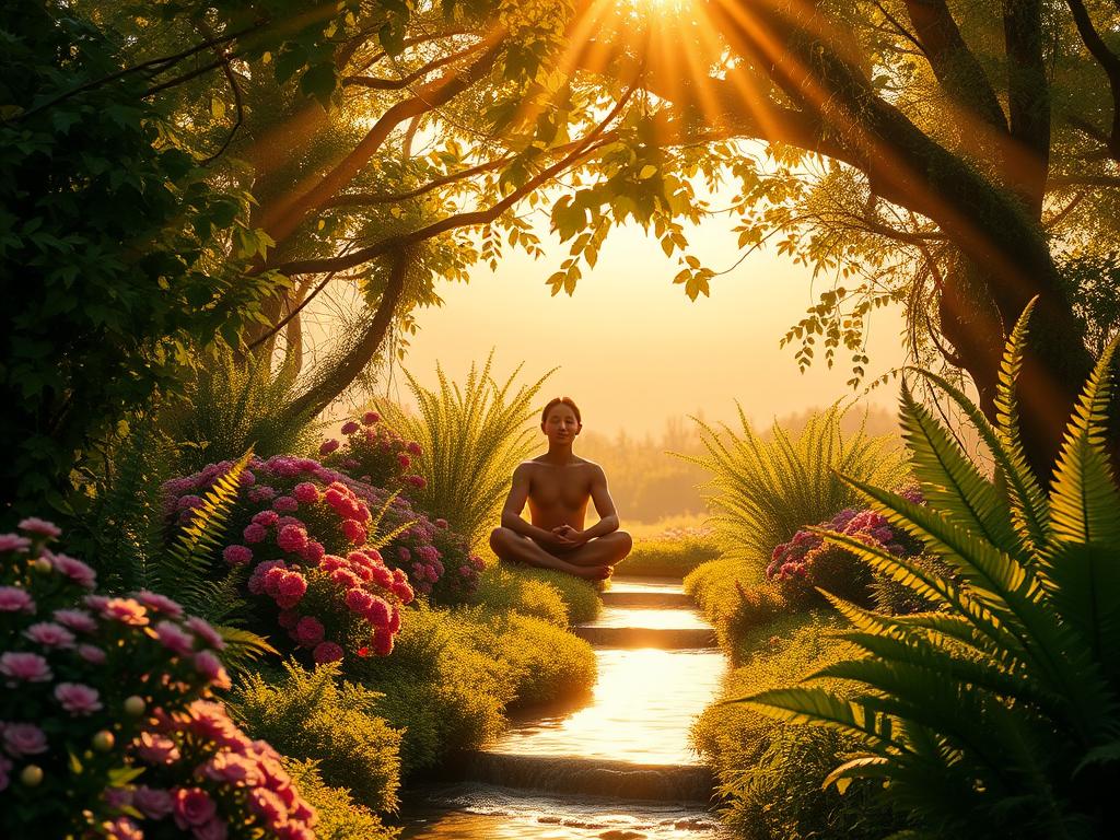 A tranquil garden setting, bathed in warm, golden light. In the foreground, a serene figure sits cross-legged, eyes closed, hands resting in a posture of mindfulness. Surrounding them, an abundance of lush, vibrant foliage - flowers, ferns, and verdant vines. Beams of sunlight filter through the canopy above, creating a contemplative atmosphere. In the middle ground, a small, flowing stream reflects the natural beauty, its gentle sounds adding to the sense of peacefulness. The background fades into a soft, hazy horizon, suggesting a world beyond the present moment. The overall scene conveys a profound connection between gratitude, inner calm, and the restorative power of nature.