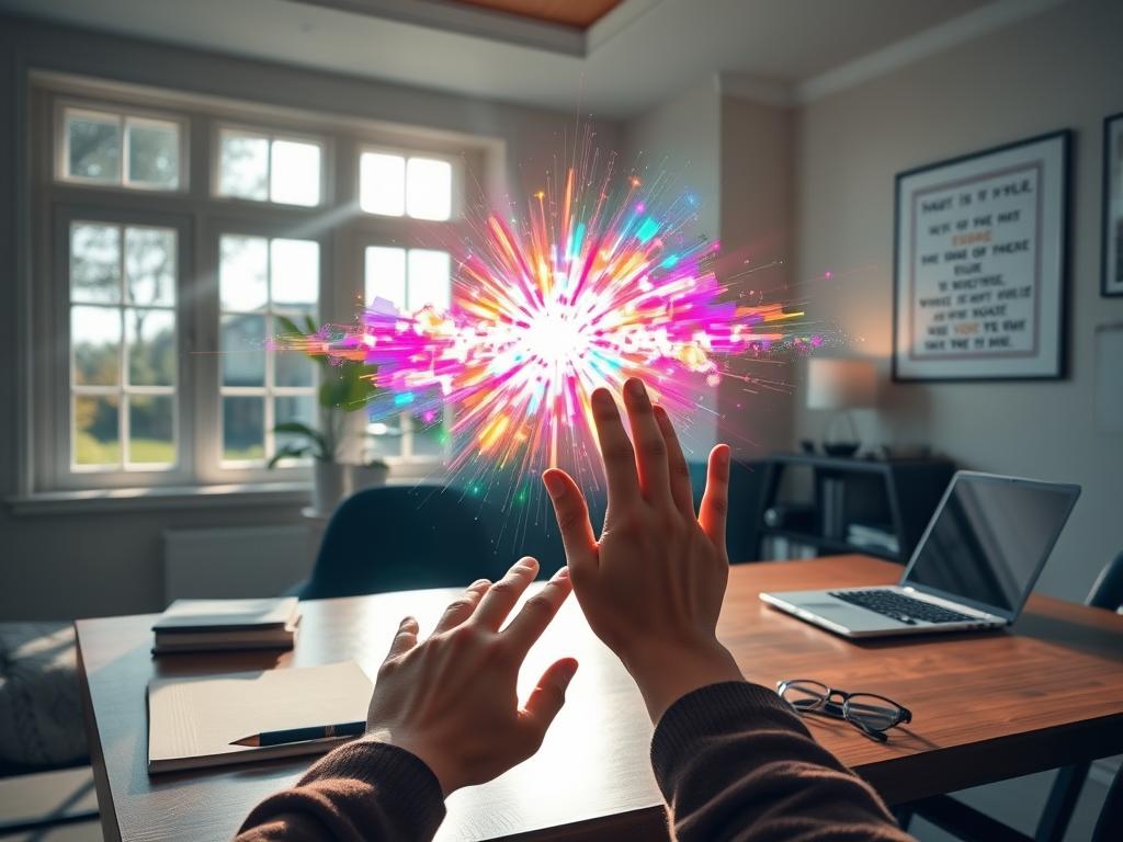 A tranquil home office setting, sunlight streaming through large windows, illuminating a wooden desk with a notebook, pen, and laptop. On the desk, a glowing holographic display showcases colorful, abstract Subliminal patterns pulsing with positive energy. The walls are adorned with inspirational quotes and imagery, creating a serene, empowering atmosphere. In the foreground, hands gently manipulate the Subliminal display, metaphorically shaping one's own mental and emotional well-being. The scene conveys the personal control, customization, and transformative potential of self-created Subliminals.
