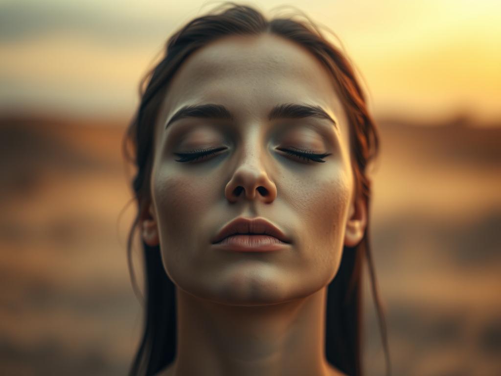A tranquil, hypnotic scene of a human subject in a state of deep trance, their eyes gently closed, face serene and relaxed. The background is a softly blurred, ethereal landscape with muted colors, evoking a sense of dreamlike detachment. Warm, diffused lighting emanates from an unseen source, casting a subtle glow on the subject's features. The composition is centered, creating a sense of focus and contemplation. The overall mood is one of introspection, calm, and the power of the subconscious mind.