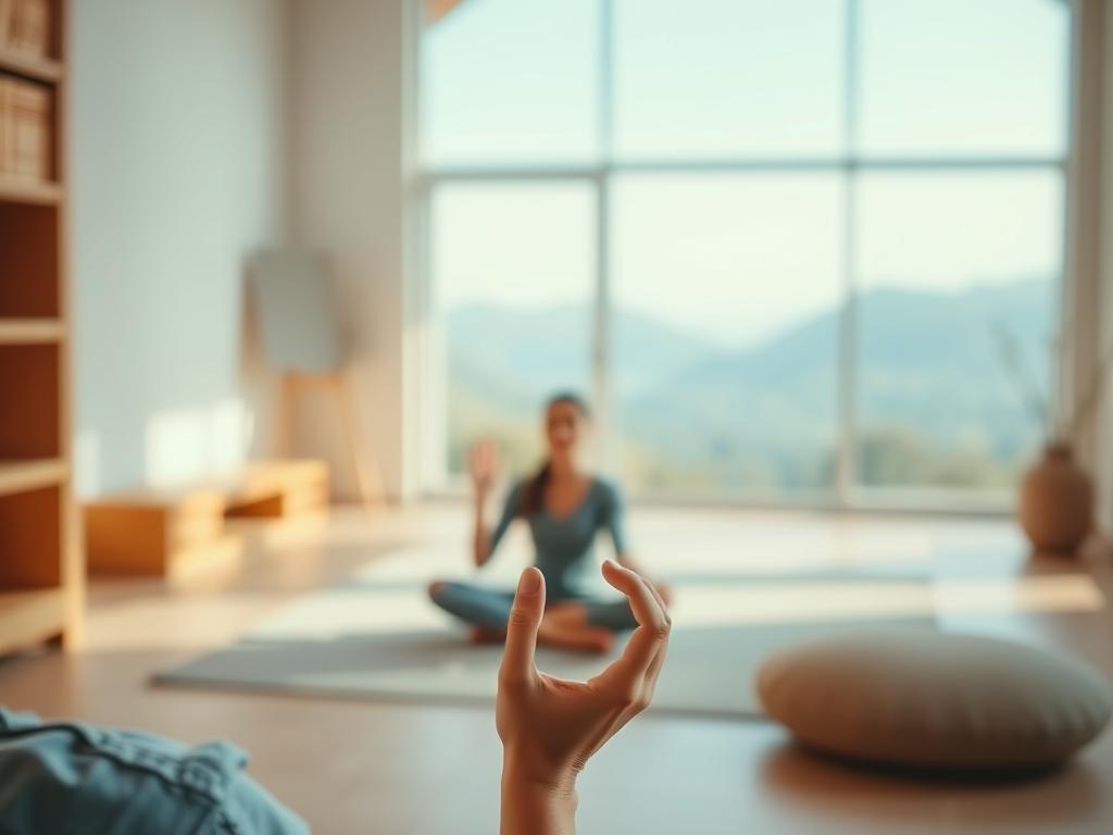 Heilmeditation: Dein Weg zur Inneren Ruhe 1 A tranquil indoor setting with a person seated in a comfortable meditation pose, surrounded by soft, natural lighting and soothing, earthy tones. The foreground features the person's serene facial expression and the gentle movements of their hands in a mudra position. The middle ground showcases a minimalist, zen-inspired room with clean lines, wooden accents, and a calming color palette. The background gently fades into a serene, out-of-focus landscape, evoking a sense of connection to the natural world. This scene conveys a calming, introspective atmosphere, inviting the viewer to experience the restorative power of Heilmeditation.
