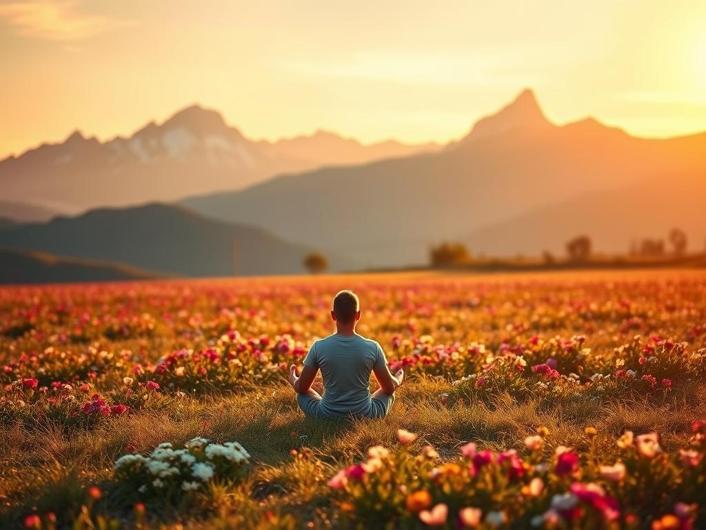 Glaube und Manifestation: Erschaffe Dein Schicksal 3 A tranquil landscape where the synergy of faith and manifestation is expressed. In the foreground, a serene figure sits in a meditative pose, emanating a sense of inner peace and connection. The middle ground features a vibrant field of blossoming flowers, symbolizing the abundant manifestation of one's desires. In the distance, majestic mountains rise, their peaks touching the sky, representing the spiritual realm and the limitless possibilities of belief. Warm, golden light bathes the scene, creating an atmosphere of hope and inspiration. The overall composition conveys the harmonious interplay between the spiritual and the physical, where faith and manifestation coexist in perfect harmony.