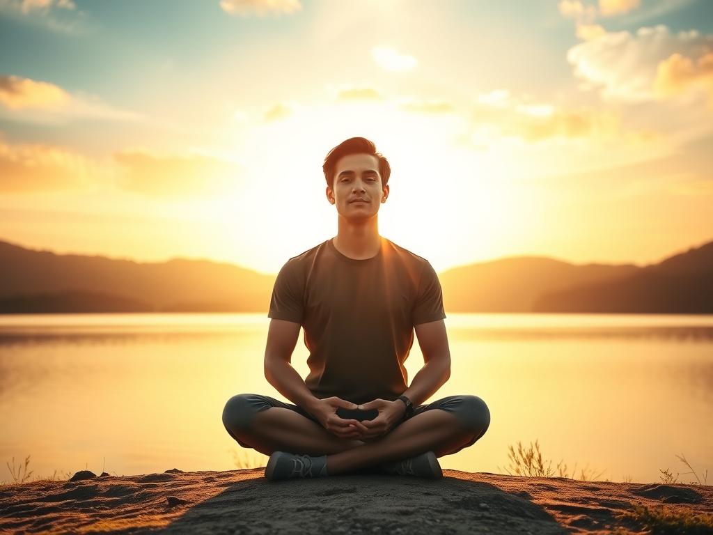 A tranquil landscape with a serene lake, surrounded by lush green hills and a vibrant sky. In the foreground, a lone figure sits in a meditative pose, their hands resting gently on their lap. The figure's expression exudes a sense of inner peace and self-reflection. Warm, golden light filters through the scene, creating a soft, glowing atmosphere that invites the viewer to pause and connect with their own inner self. The overall composition evokes a sense of personal growth, renewal, and the power of self-trust.