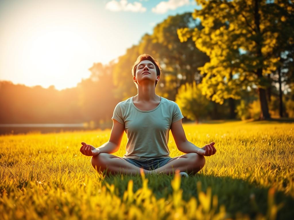 Entdecke Deinen direkten Zugang zum Unterbewusstsein 3 A tranquil meadow bathed in warm, golden sunlight, with a serene lake reflecting the azure sky. In the foreground, a person sitting cross-legged, eyes closed, radiating a sense of inner peace and contentment. Lush, verdant trees line the horizon, creating a sense of privacy and seclusion. The overall scene conveys a harmonious balance between the individual and the natural world, symbolizing the benefits of a conscious connection to the subconscious mind.