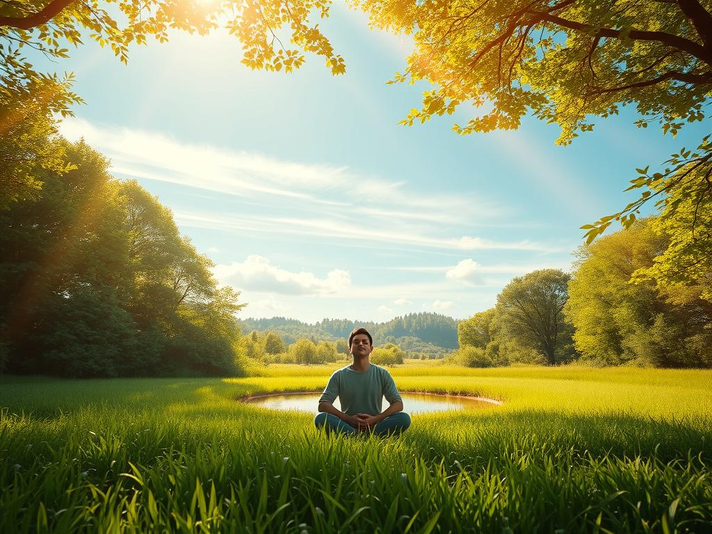 Gedankenmuster für Erfolg 4 A tranquil meadow with a serene pond at the center, surrounded by lush, verdant foliage. In the foreground, a person sits in a lotus position, eyes closed, hands resting on their lap, radiating an aura of profound concentration and inner peace. Beams of warm, golden light filter through the canopy, casting a gentle glow on the scene. In the background, wispy clouds drift across a clear, azure sky, creating a sense of balance and harmony. The overall atmosphere exudes a palpable sense of mindfulness, self-reflection, and the transformative power of visualization techniques.