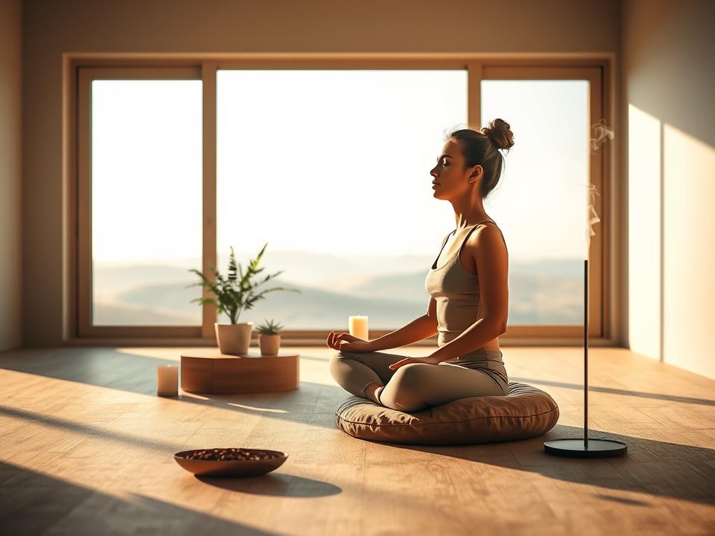 A tranquil meditation space bathed in soft, warm lighting. In the foreground, a person sits cross-legged on a plush, earthy-toned cushion, eyes closed in deep concentration. Their posture is relaxed yet poised, exuding a sense of inner peace. Surrounding them, an arrangement of natural elements - a small table with a lit candle, a potted plant, and a simple, elegant incense holder emitting gentle wisps of fragrant smoke. In the middle ground, a large window frames a serene, minimalist landscape of rolling hills and a distant horizon, hinting at the expansiveness of the spiritual journey. The overall atmosphere is one of quiet introspection, where the mind can unwind and the spirit can soar.