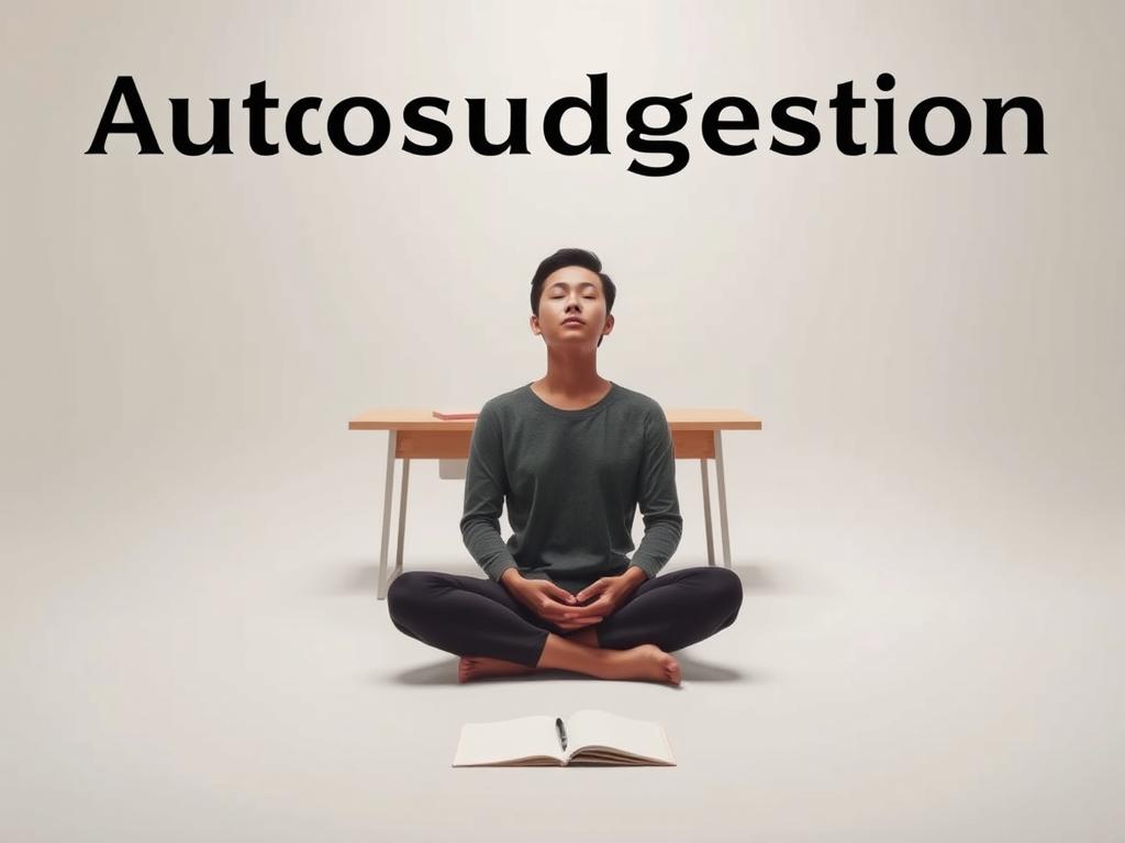 Entfesseln Sie Ihr Potenzial: Wie funktioniert Autosuggestion 1 A tranquil, minimalist scene depicting the power of autosuggestion. In the foreground, a person sits cross-legged, eyes closed, hands resting gently on their lap. Soft, diffused lighting illuminates their serene expression, conveying a sense of deep focus and inner calm. The middle ground features a simple, uncluttered desk with a notebook and pen, symbolizing the tools of self-reflection and introspection. In the background, a soothing, abstract landscape of neutral tones creates a peaceful, contemplative atmosphere, free from distractions. The overall composition, with its balanced use of negative space, encourages the viewer to pause, breathe, and engage with the transformative potential of autosuggestion.