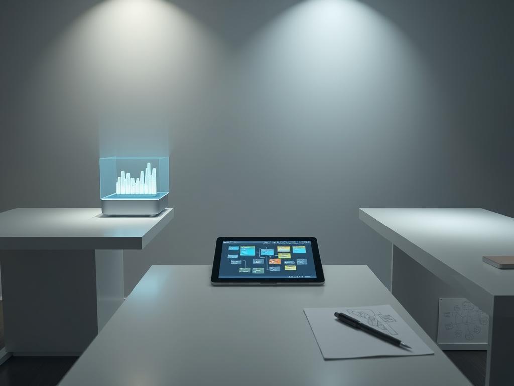 Entfalte Potenzial mit Deiner Täglichen Visualisierungsroutine 3 A tranquil, minimalist workspace with sleek, white desks and clean lines. On the desks, various visualization techniques are elegantly displayed: a desktop hologram projector casting a 3D data visualization, a tablet displaying a color-coded mind map, and a sketchpad with hand-drawn conceptual diagrams. Soft, diffused lighting from above illuminates the scene, creating a serene, focused atmosphere. The background features a simple, muted color palette, allowing the visualization tools to take center stage. The composition is balanced, drawing the viewer's eye to the different visualization techniques in use.