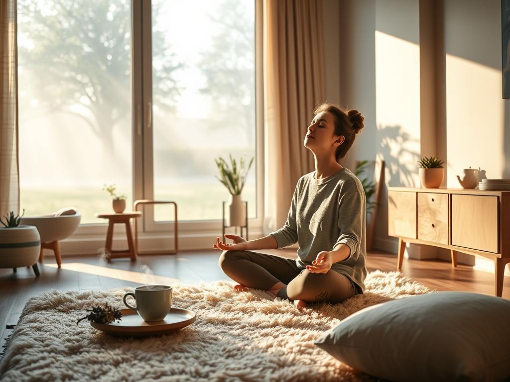 A tranquil morning scene in a cozy home. In the foreground, a person sits cross-legged on a plush rug, eyes closed in meditation, basking in the soft, warm light filtering through the window. On a small table nearby, a ceramic teacup steams gently, accompanied by a bundle of dried herbs. The middle ground reveals a minimalist, Scandinavian-inspired interior, with simple wooden furniture and potted plants adding natural accents. In the background, a large window offers a glimpse of a peaceful, tree-lined street outside, the morning mist creating a serene atmosphere. The overall mood is one of calm, introspection, and a grounding connection to the rhythms of daily life.