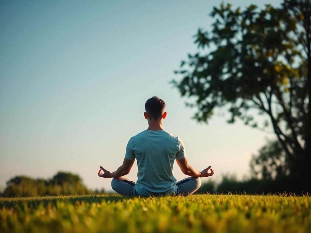 Steigere Deine Leistung durch Mentales Training 1 A tranquil scene of a person engaged in mental training, sitting in a serene meditation pose on a grassy field, surrounded by lush greenery and a calming blue sky. Soft, diffused lighting illuminates the figure, creating a sense of introspection and focus. The camera angle is slightly elevated, giving an overhead view that emphasizes the individual's connection with their inner self and the natural environment. The overall mood is one of mental clarity, inner peace, and the importance of this practice for enhancing personal performance and well-being.
